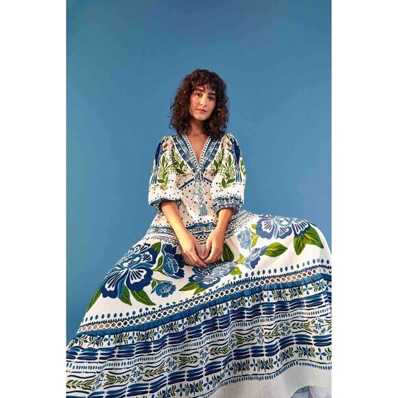 FARM Rio Dresses & Skirts - Farm Rio Maxi Dress White Blue Green Floral Bird Print V Neck Tie Waist